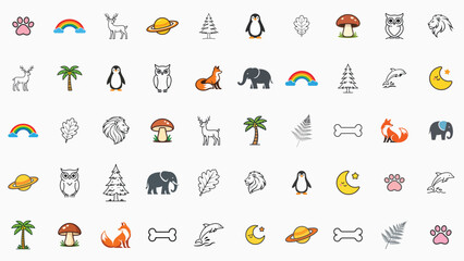 Vector Icon Set Bundle of 50 Hand-Traced Icons featuring Animals, Nature, Space, and Lifestyle. Includes Lion, Elephant, Fox, Penguin, Palm Tree, Moon, Saturn, Rainbow, Dog Bone, and Line Art. © Mustafa