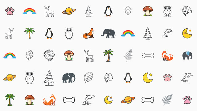 Vector Icon Set Bundle of 50 Hand-Traced Icons featuring Animals, Nature, Space, and Lifestyle. Includes Lion, Elephant, Fox, Penguin, Palm Tree, Moon, Saturn, Rainbow, Dog Bone, and Line Art.