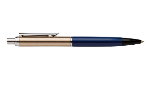 Brushed gold and blue metal ballpoint pen with silver clip, isolated on transparent background