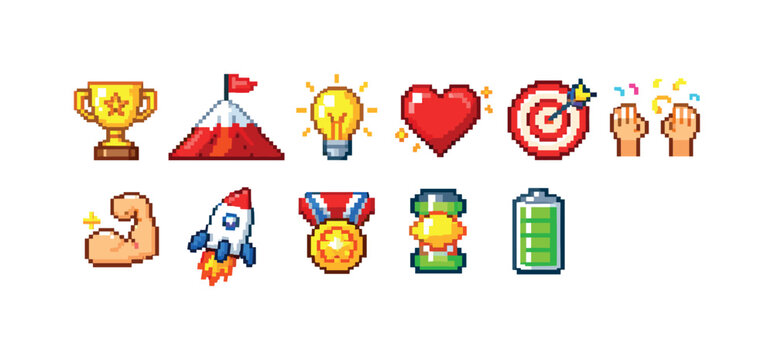 Pixel art icons representing success, motivation, and achievement in a simple style