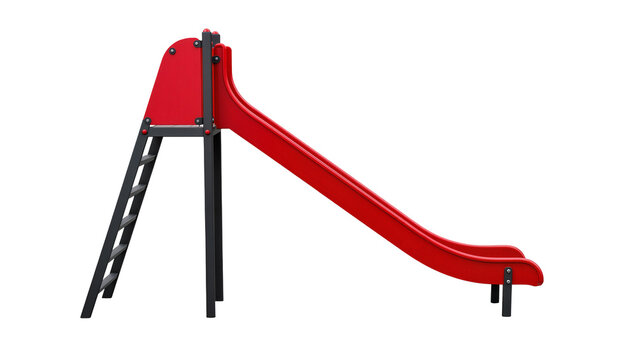 Red plastic playground slide with gray metal ladder, isolated on transparent background
