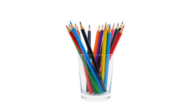 Assorted colored pencils in a clear glass holder, isolated on transparent background