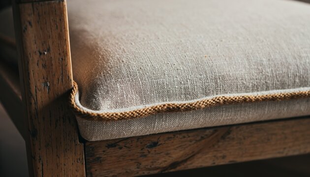 Close-up of an antique chair seat with worn fabric and wooden frame.