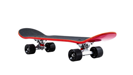 Red skateboard with black grip tape and wheels, isolated on transparent background © Maria