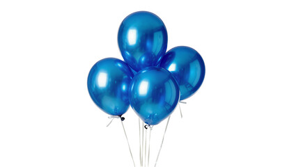 Shiny metallic blue balloons tied with white ribbons, isolated on transparent background © Maria
