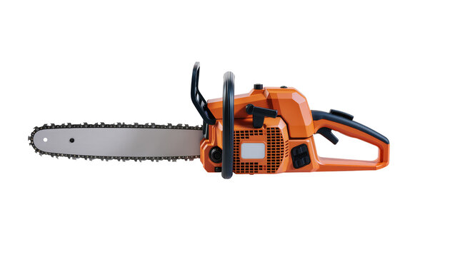 Orange and black gasoline chainsaw with metal chain, isolated on transparent background