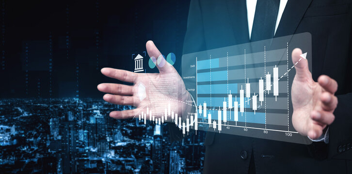 A professional businessman showcases interactive financial data with digital graphs against a modern city skyline, emphasizing growth and innovation in finance. Gantry