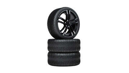 Stack of four black car tires with shiny alloy rims, isolated on transparent background © Maria