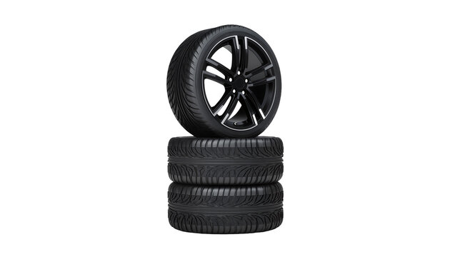 Stack of four black car tires with shiny alloy rims, isolated on transparent background