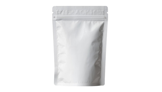 Blank white resealable pouch with zipper closure, isolated on transparent background