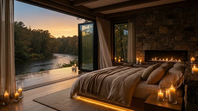 Cozy bedroom with candles and river view at sunset in a forest setting