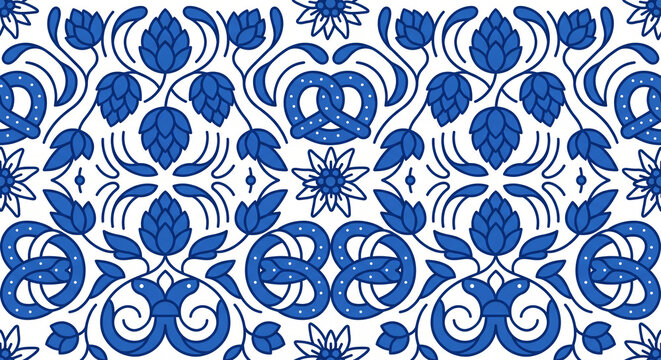 Traditional Blue and White Bavarian Folk Art Pattern Background