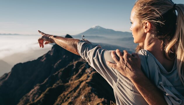 Woman pointing towards distant mountains on a foggy morning hike.