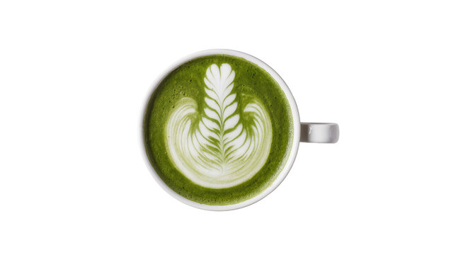 White ceramic mug with green matcha latte art, isolated on transparent background