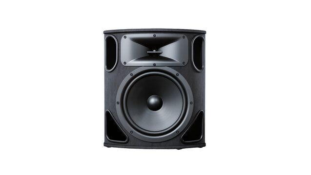 Black textured professional audio speaker with large woofer and horn tweeter, isolated on transparent background
