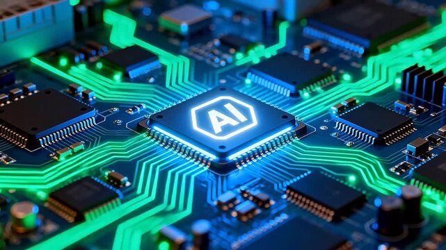 AI chip on circuit board with glowing lines