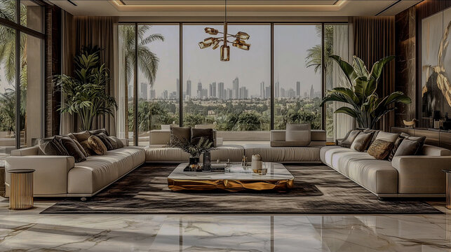 Elegant modern living room with panoramic city views