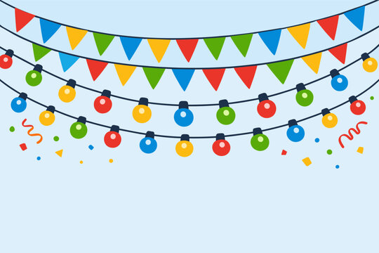 Colorful Light String and Bunting Flags Decorating Festive Party Celebration Banner Background. Simple Flat Vector Illustration for Birthday, Carnival, Holiday, or Special Event Invitation.