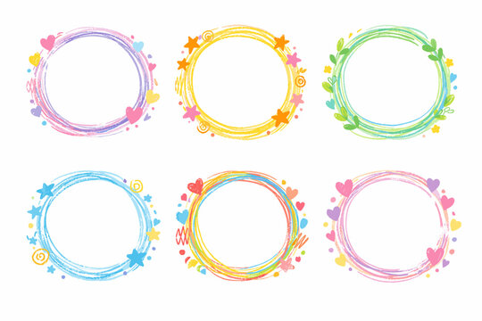 Set of Six Colorful Hand Drawn Crayon Doodle Round Frames with Hearts, Stars, and Leaves. Whimsical Pastel Wax Pencil Circular Borders for Kids Art, Scrapbooking, and Greeting Cards. Isolated Vector.