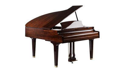 Polished dark wood grand piano with open lid, isolated on transparent background © Maria