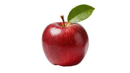Shiny red apple with green leaf, isolated on transparent background