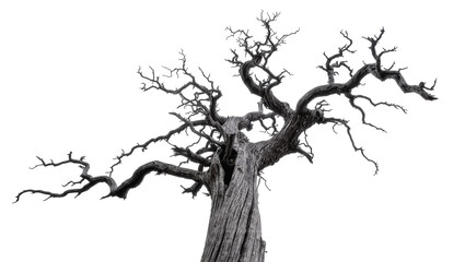 Gnarled dead tree trunk with twisted branches, isolated on transparent background © Maria