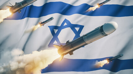 Obraz premium Military cruise missiles launch against a backdrop of the Israeli flag