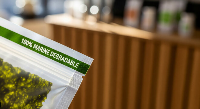 Marine degradable bags made from algae dissolve safely in ocean water for eco-friendly use and disposal