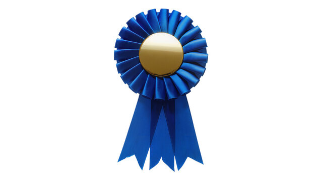 Blue rosette award ribbon with gold center, isolated on transparent background