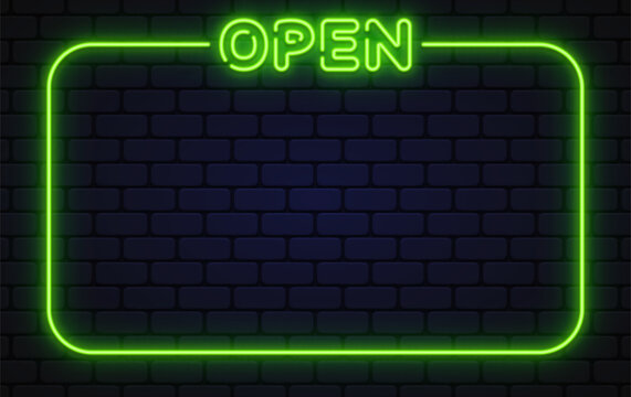 Green neon open sign with glowing border on dark wall. Clear visual signals availability, business hours, or welcome message.