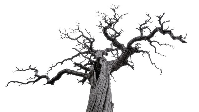 Gnarled dead tree trunk with twisted branches, isolated on transparent background