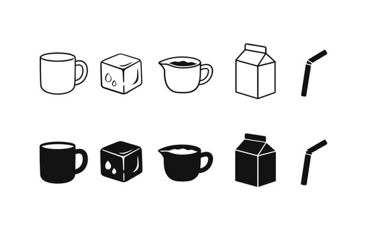 Set of Black and White Coffee and Beverage Icons Featuring a Mug, Ice Cube, Creamer Pitcher, Milk Carton, and Straw in Outline and Solid Styles for Cafe Menu Design, Web Graphics, and App Interface