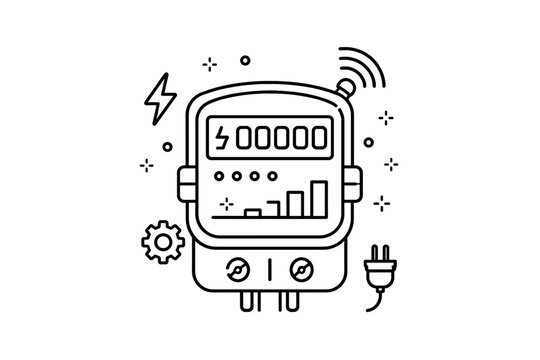 Smart electricity meter outline vector icon. Digital energy consumption monitoring device with wireless signal, power plug, and gear symbols. Simple flat illustration for utility management.