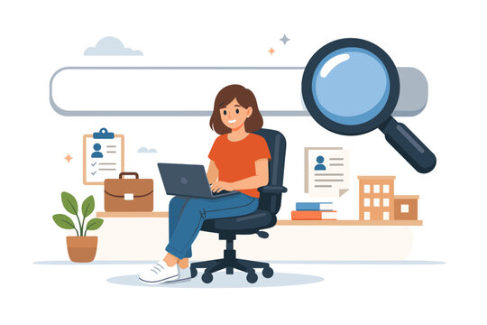 Professional woman sitting on office chair using laptop for online job search with magnifying glass and search bar, recruitment concept, career opportunity, hiring process vector illustration.