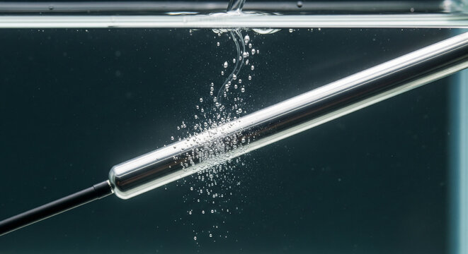 Silver bar in water shows silver ion erosion as tiny silver ions detach and drift through liquid during a scientific observation setup