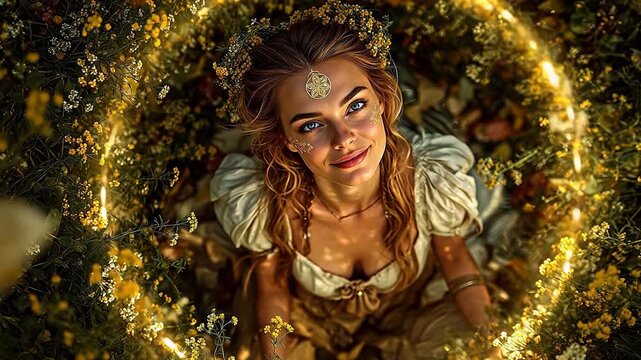 Woman in floral dress surrounded by flowers