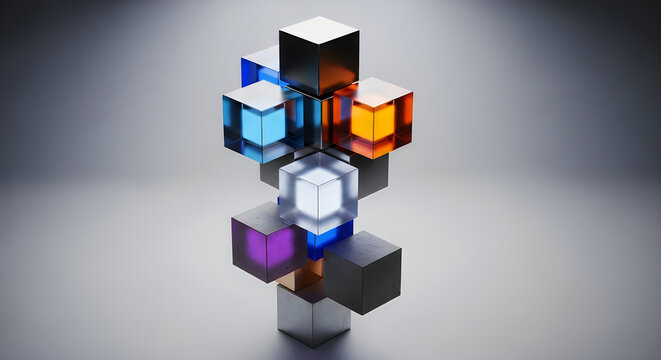 3D isometric colorful block tower with glowing neon cubes on minimalist gray base