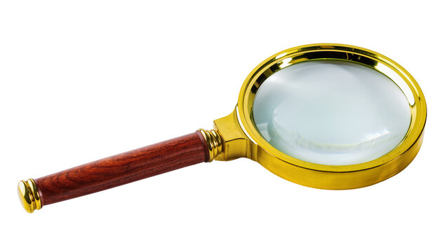 Golden brass magnifying glass with polished wood handle, isolated on transparent background