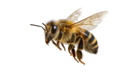 Detailed honey bee with fuzzy body and transparent wings, isolated on transparent background © Maria