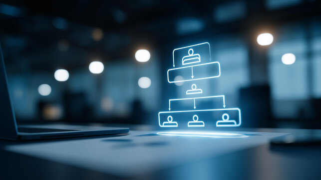Abstract glowing team and workflow management concept icon showing corporate organisation hierarchy and company structure over an office table background. Workflow concept, team