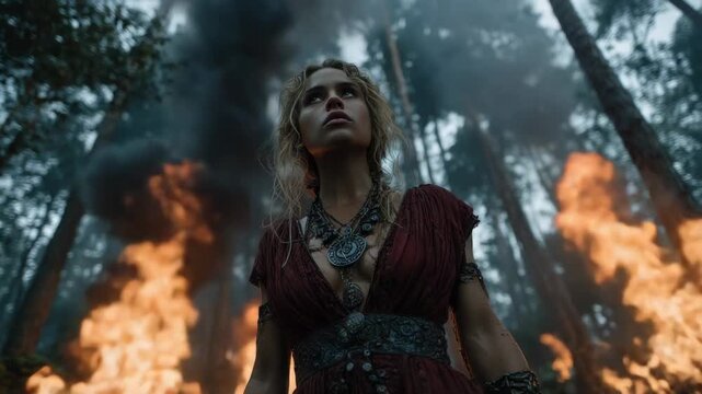 Warrior stands in forest surrounded by fire while looking ahead with determination during a battle scene in a historical drama
