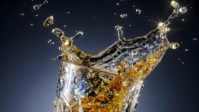 Golden alcoholic beverage splashing in crystal glass on dark background