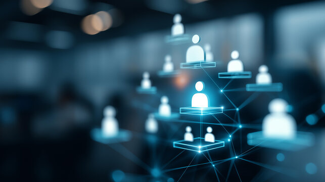 Abstract glowing team and workflow management concept showing corporate organization hierarchy, leadership connections, and modern office network for a teamwork and management