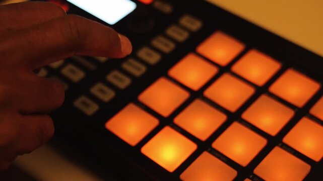 Hand dr&uuml;ckt Pads auf MIDI Controller und produziert Beats elektronische Musikproduktion im Studio Nahaufnahme