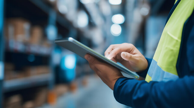 Faceless warehouse worker with a tablet checking stock levels and inventory in a logistics distribution center. Defocused warehouse background. Warehouse tablet, stock check,