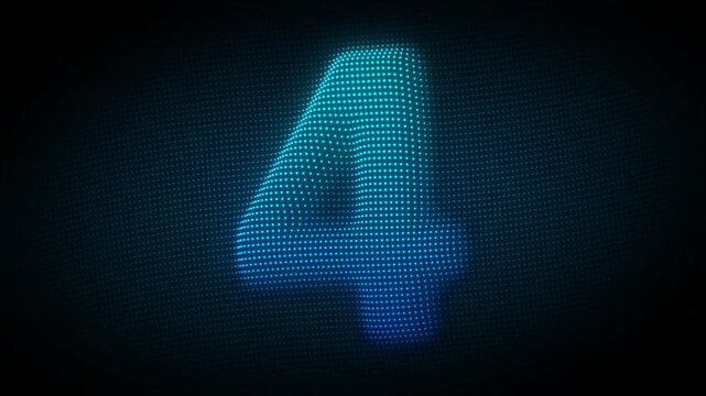 Blue Number Four Wave Particle Animation on Dark Background, Cyan Glowing Dot Grid 3D Wave Effect Symbol Seamless Loop, 4K