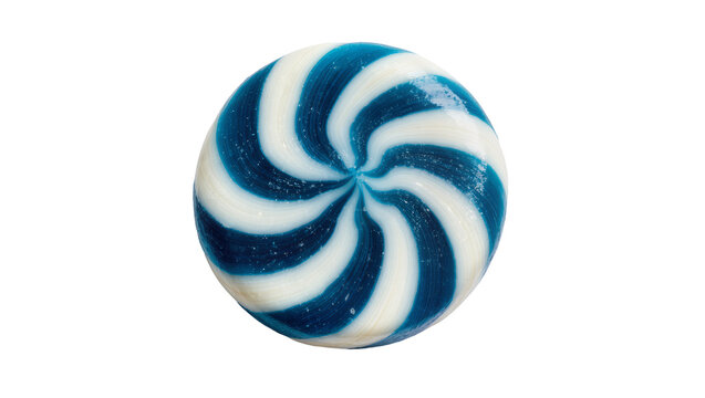 Swirled blue and white hard candy lollipop, isolated on transparent background