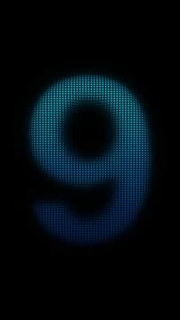 Blue Number Nine Scanner Effect Animation on Dark Background, Cyan Scanning Dot Grid Symbol Seamless Loop, 9:16 Vertical Video