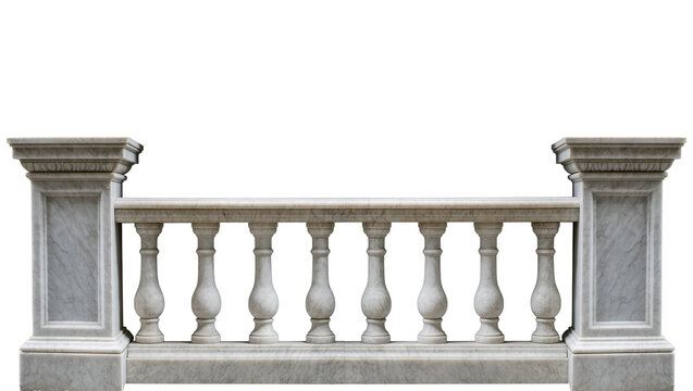 Ornate white marble balustrade with carved pillars, isolated on transparent background