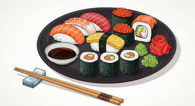 A vibrant plate of assorted sushi and sashimi with chopsticks ready